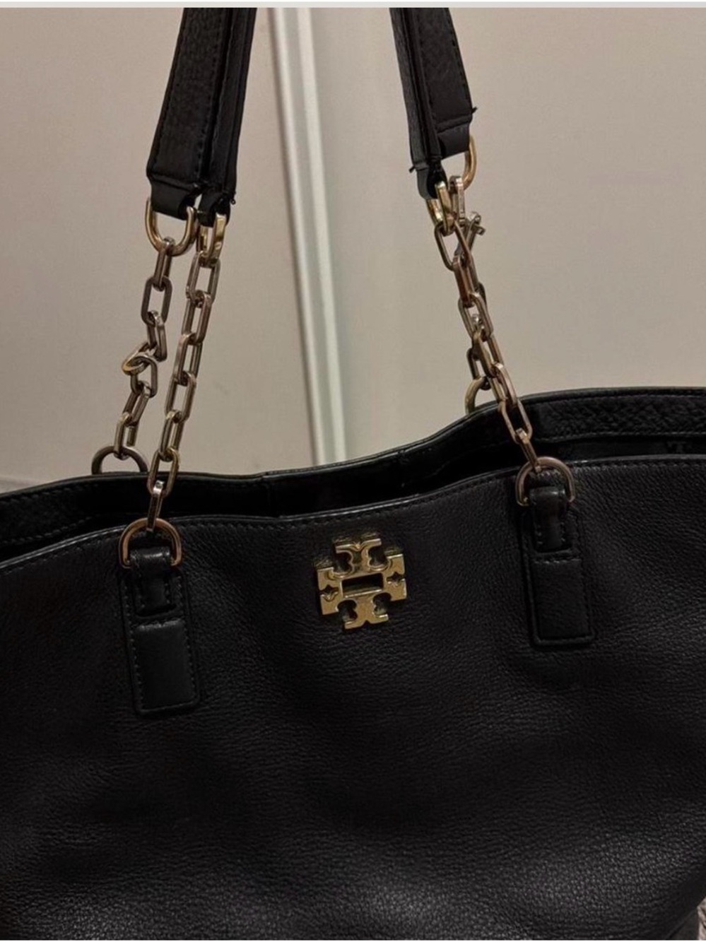 Tory Burch Black Leather Tote with Gold Chain Handles